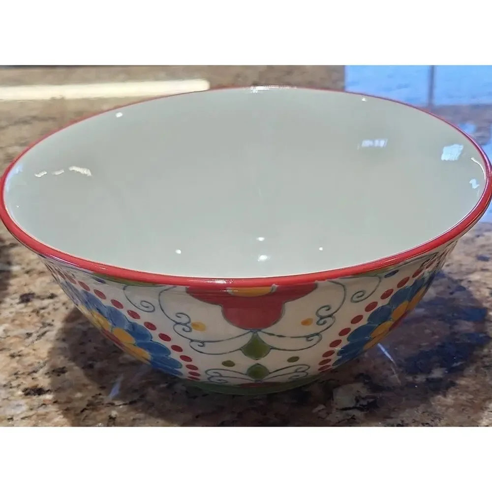 Pier 1 Floral Ceramic Bowls with Red and Blue Accents (Set Of 2)
